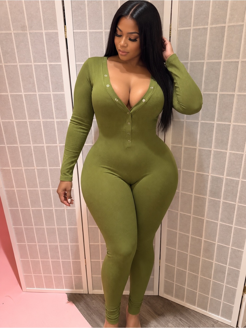 Olive Long-Sleeve Ribbed Henley Jumpsuit